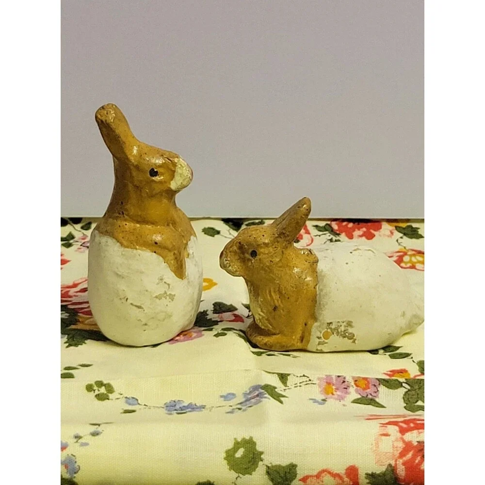 Antique  Chalkware Bunny Rabbit Pair Primitive  Easter